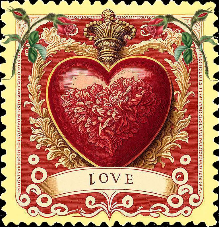 Vintage Heart Postage Stamp Digital by Pauline Devlin