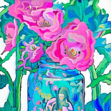 Pink flowers in turquoise vase thumb