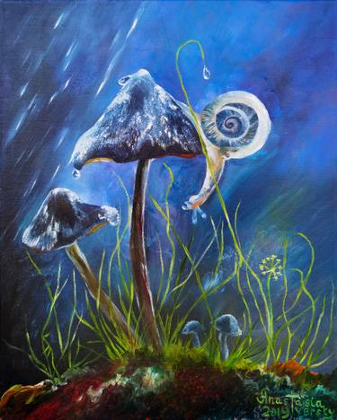 Blue forest after rain. Snail on Mushroom. Nature Art. thumb