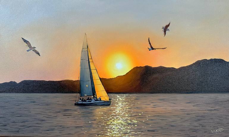 Original Seascape Painting by Yuliia Halata | Realism Art on Canvas | "Sunset over the Red Sea"