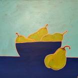 pears on a blue table by dom foff