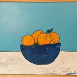 oranges in a blue bowl by dom foff
