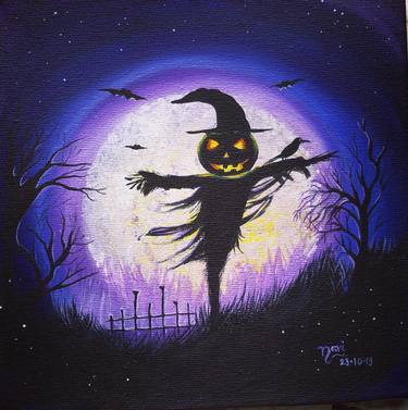 Original Acrylic Halloween Pumpkin Painting on Canvas 8"X8" thumb