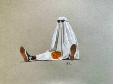 Original Pencilcolor Ghost with Pumpkin 9″ x 12″ thumb