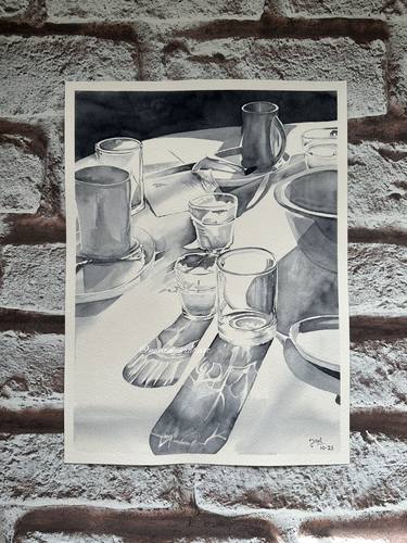 Original Watercolor Transparent Glassware Painting 9″ x 12″ thumb