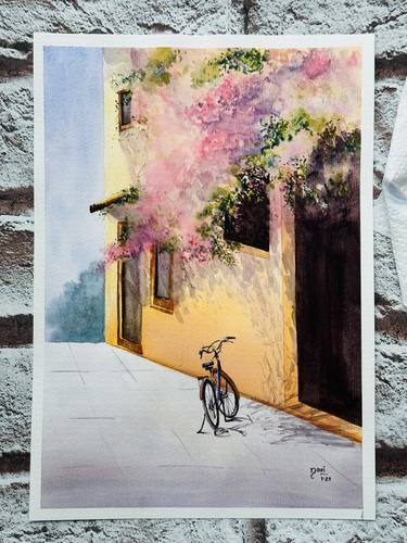 Original Watercolor Bike in Spring Painting A4 thumb