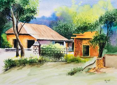 Original Art Deco Landscape Painting by Navita Gujral