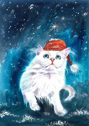 White Christmas kitten in red Santa's hat thumb