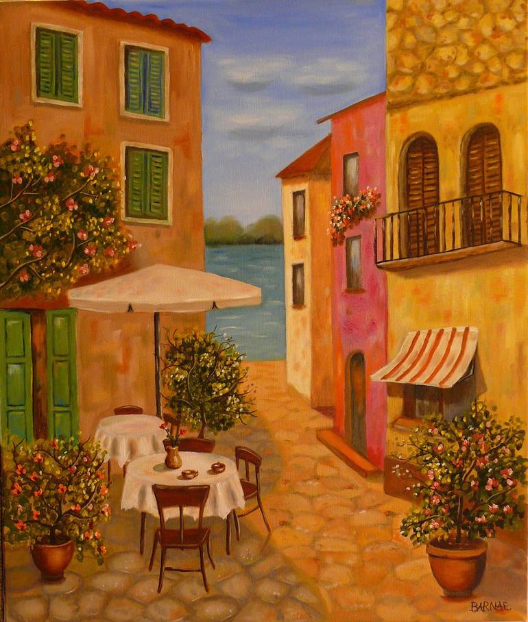 Original Landscape Painting by Erzsebet Dr Barna | Contemporary Art on Canvas | cafe on the beach