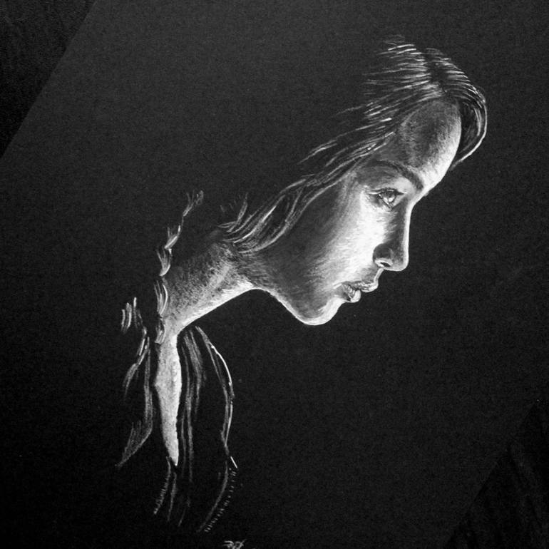 Pretty Girl Pencil Art Using White Charcoal on A4 Black Paper