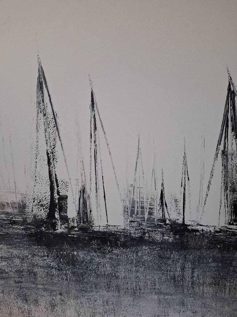 Original Black & White Boat Painting by Elif Lewis