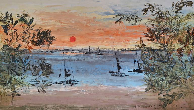 Original Seascape Painting by Elif Lewis | Contemporary Art on Canvas | Sunset over the Aegean