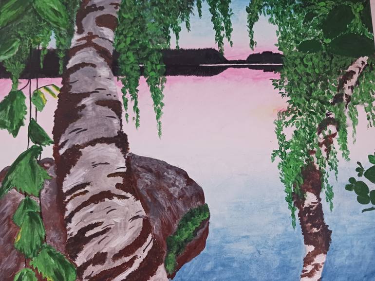 Original Seascape Painting by Natalie Sadig-zade | Figurative Art on Canvas | The Stillness of the Mirror Lake