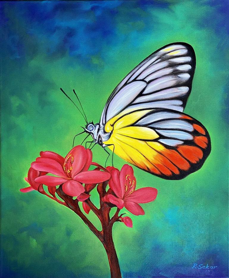 Butterfly on Flower | Unique Original Oil Painting | 50 x 60 cm