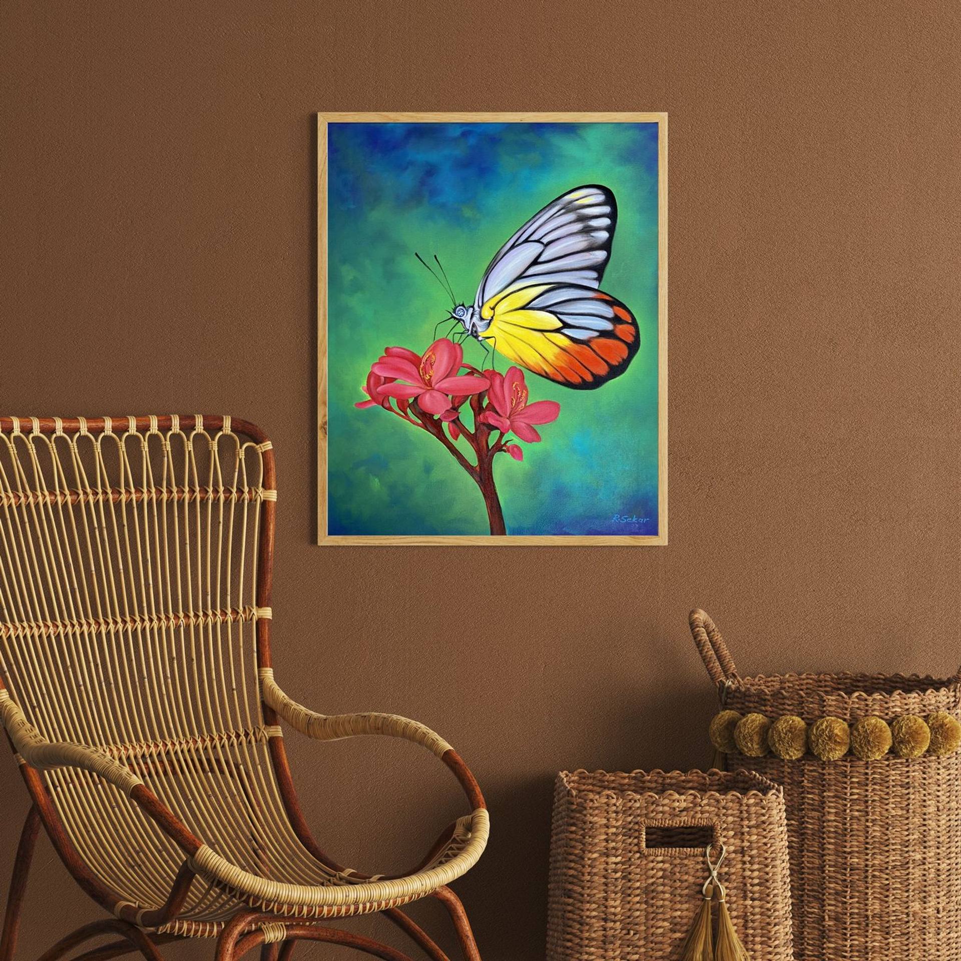 Butterfly on Flower, Unique Original Oil Painting, 50 x 60 cm Painting by  Sekar Rajagopal
