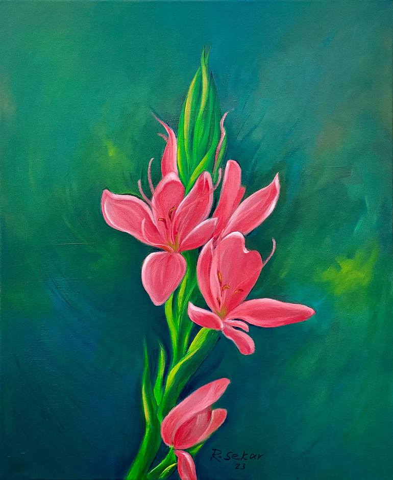 Butterfly on Flower, Unique Original Oil Painting, 50 x 60 cm Painting by  Sekar Rajagopal