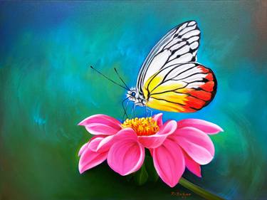 Butterfly on Flower | Unique Original Oil Painting | 80 x 60 cm thumb
