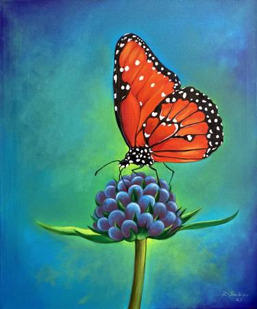 Butterfly on Flower | Unique Original Oil Painting | 50 x 60 cm thumb