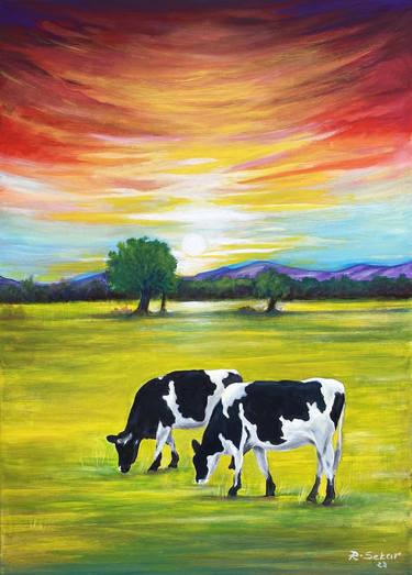 Standing Cow In Landscape | Original Acrylic Painting | Unique thumb