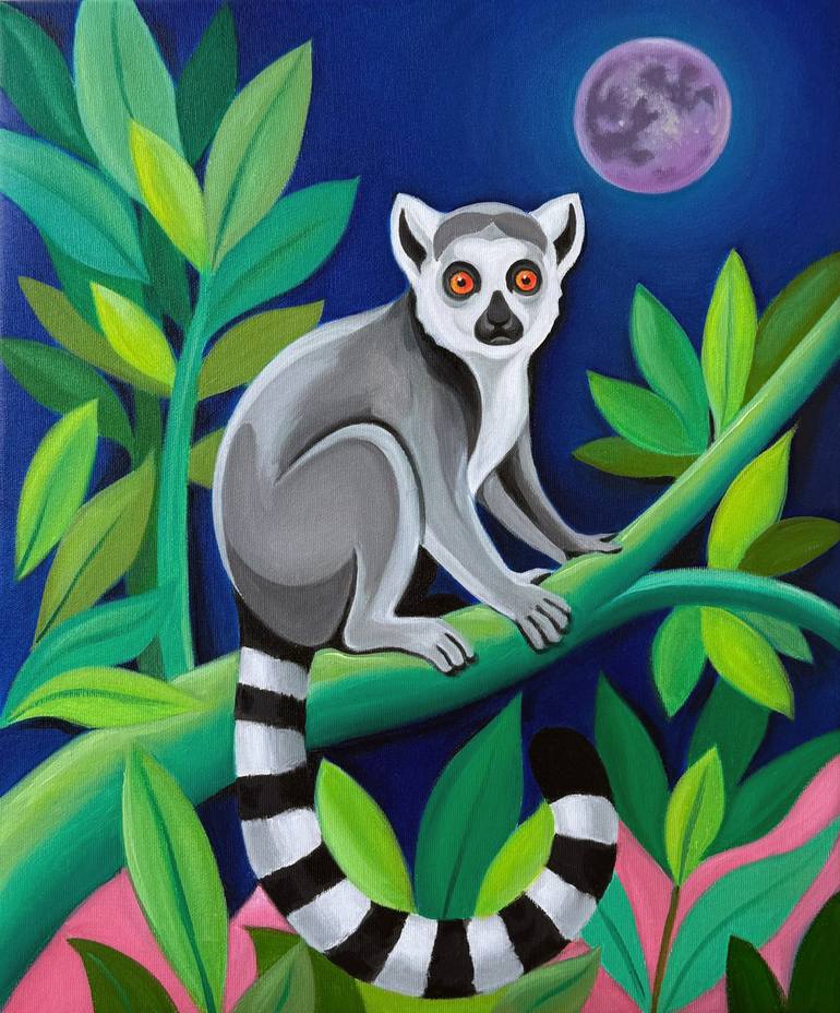 Original Animal Painting by Sekar Rajagopal | Abstract Art on Canvas | Lemur Night in the Jungle - Vibrant Wildlife with Full Moon