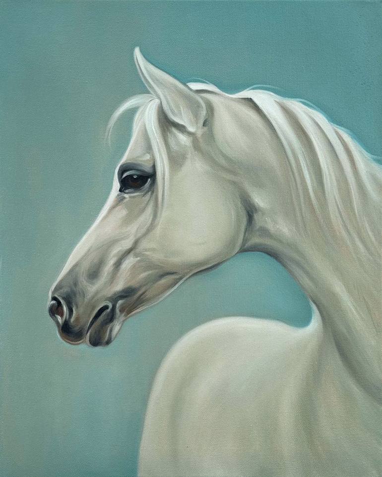 Original Animal Painting by Sekar Rajagopal | Antique Art on Canvas | Whispers of the Wind: A Timeless White Horse Portrait