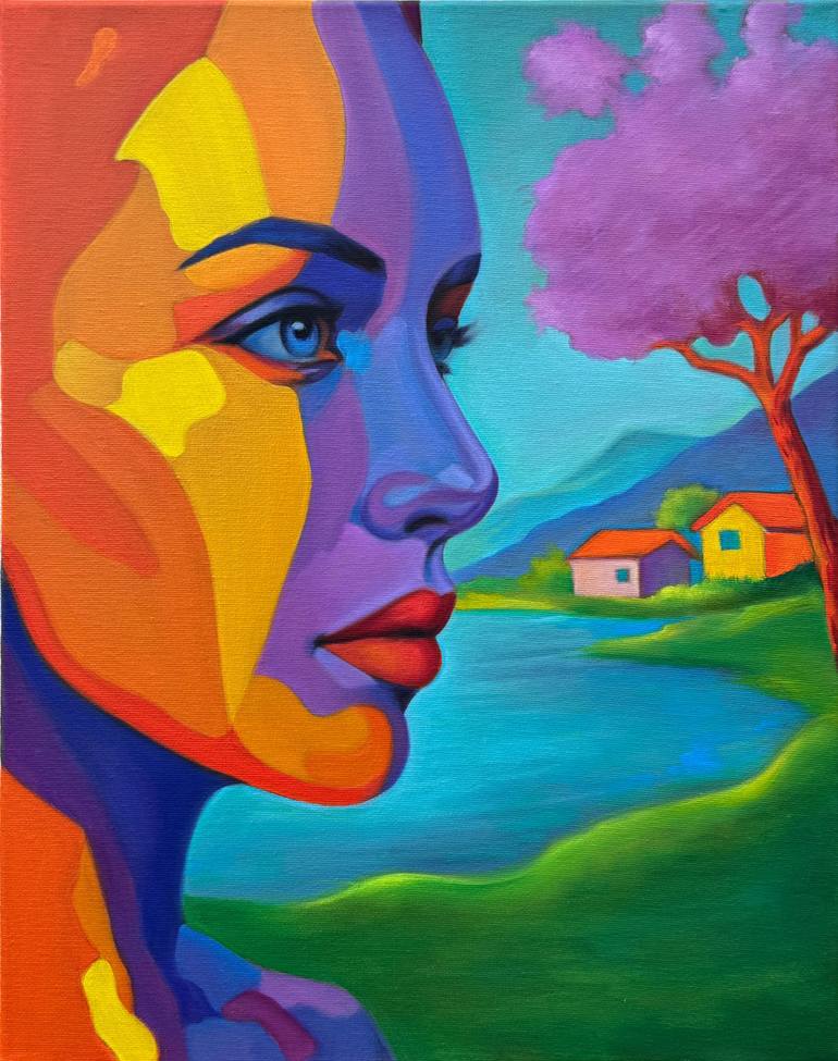 Original Women Painting by Sekar Rajagopal | Abstract Art on Canvas | Whispers by the Lake - Original oil