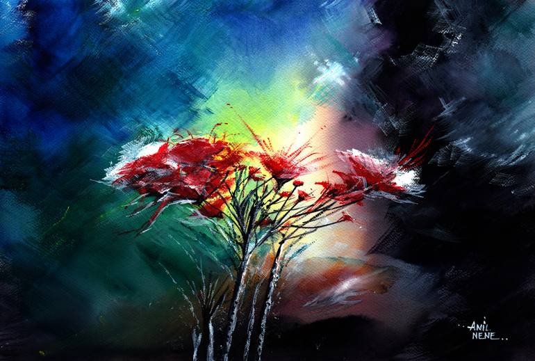 Original Floral Painting by Anil Nene | Abstract Art on Paper | Red And White