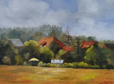 House With Yellow Umbrella, German Landscape Oil Painting thumb