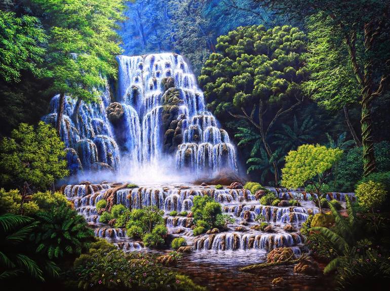 Tropical Waterfall Painting on Canvas - Large Waterfall Wall Art