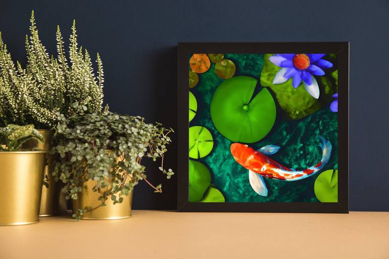 Koi Fish in Pond with Dark Lily Pads 1 Digital by Michelle Patrick