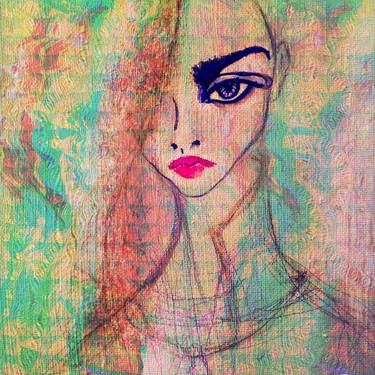 Girl in Thoughts, Green Yellow Structured Portrait Painting thumb