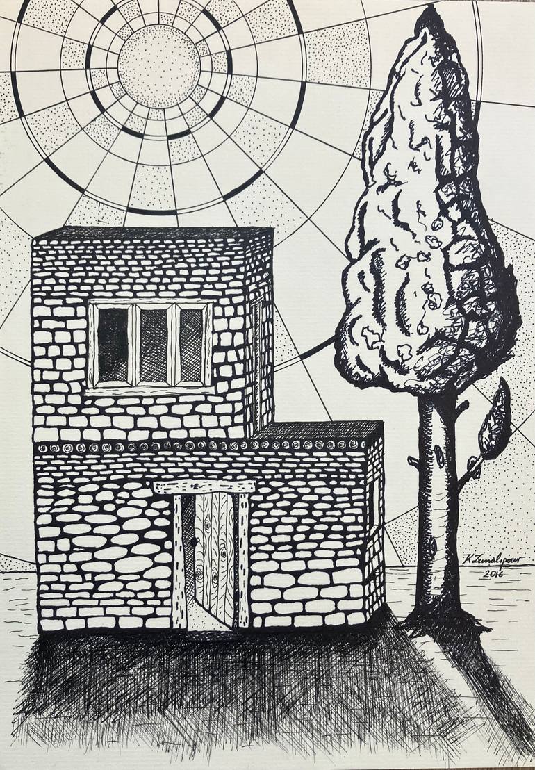 Original Architecture Drawing by Constantinos Zeinalipour | Abstract Art on Paper | House, sun and cypress tree