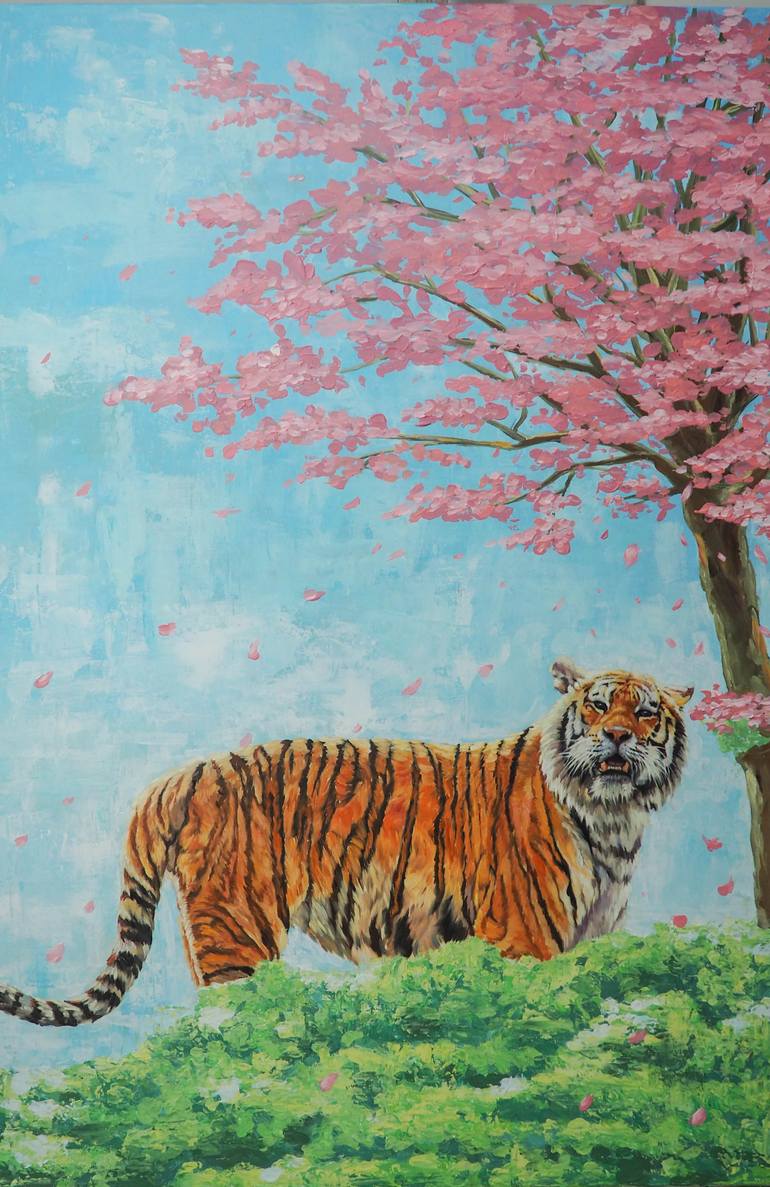Original Animal Painting by Leona Mason | Realism Art on Canvas | Guardian of Renewal: Tiger and the Cherry Blossom Tree