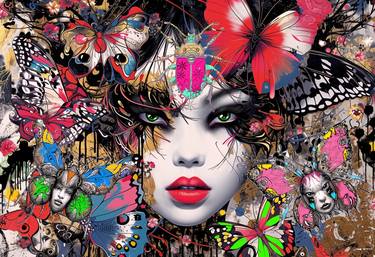 ornate illustration fine art butterfly flowers painting eyes faces mystery