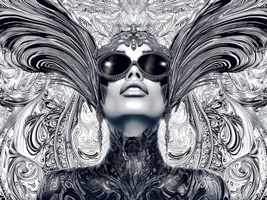 goddess face female woman upwards sunglasses fans ornate collar