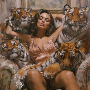 tiger woman wildlife wild sofa seated sexy feminine female erotic paws animals