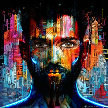 man superimposing eyes city colourful renyke book illustrator