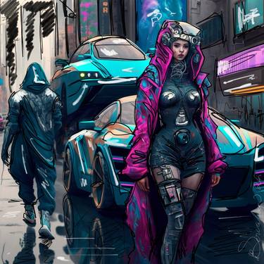 inner city cars inhabitants rain futuristic sci fi ilustration