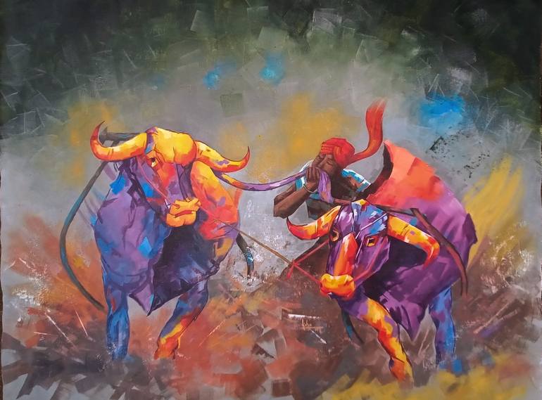 Bull race Painting by Lisha N T | Saatchi Art