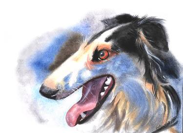 Hunting Sighthound, Russian Wolfhound Watercolor Drawing thumb