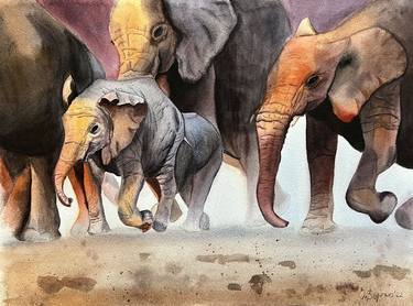 Safari Wild Life. Running Elephants. Watercolor thumb