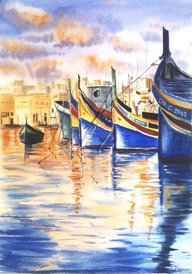 Maltese Luzzu Fishing Boat Watercolor Drawing thumb