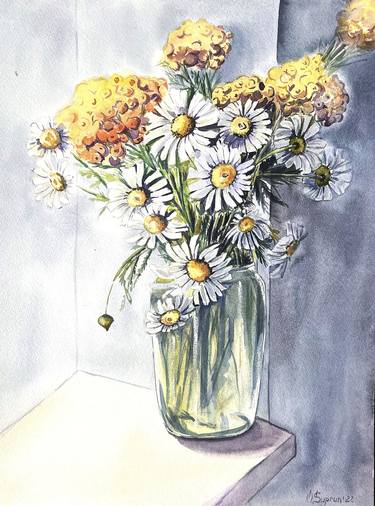 Watercolor Camomilla Bouquet A3 Summer on the windowsill thumb
