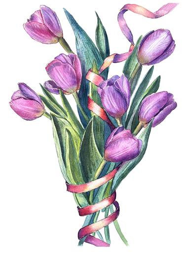 Elegance. Watercolor Tulips A3 Illustration thumb