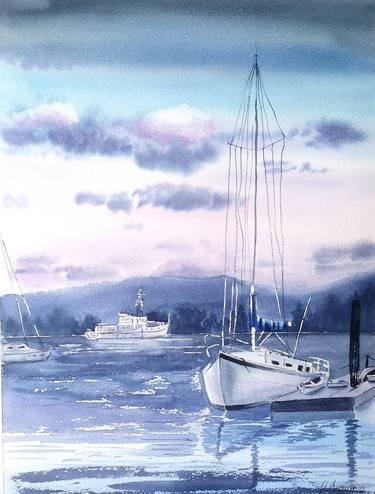 Evening Harbour. Watercolor A3 Painting of Yacht in Harbour thumb