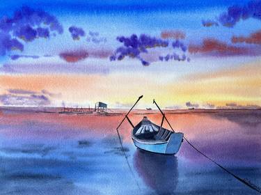Sunset Boat. Watercolor A3 Original Drawing thumb