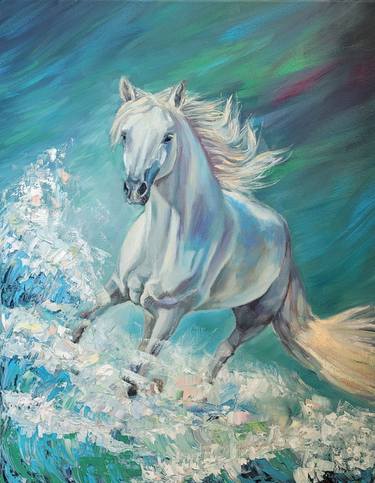 White horse running on the waves of the sea on a stormy day thumb