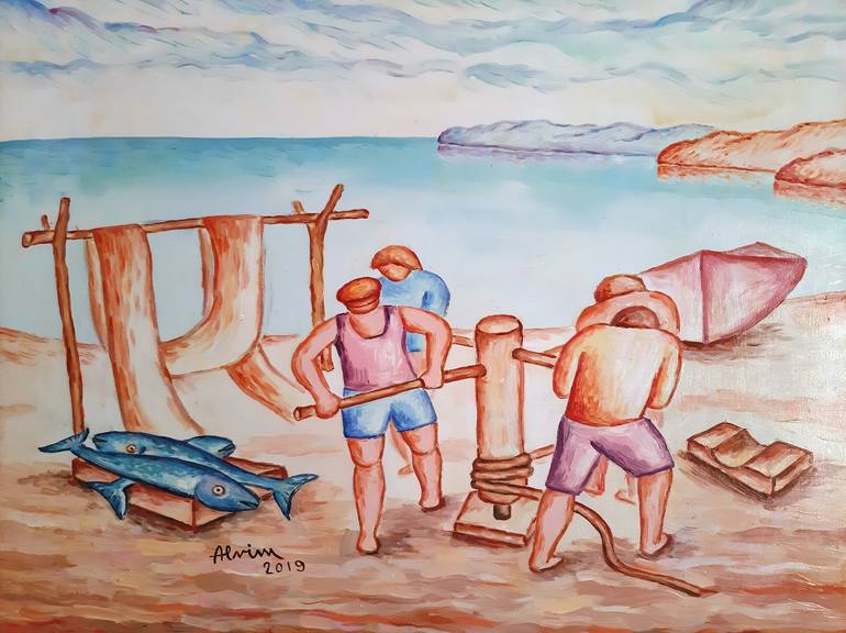 Pescatori all’argano (Fishermen at the winch) Painting by Mario Alvi