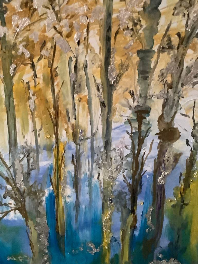 Original Abstract Painting by Pip Balfe | Abstract Art on Canvas | Trees no 2 blue yellow and silver foil