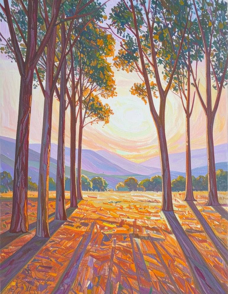 Original Nature Digital by Oneclickuse Dotcom | Digital Art Art on Acrylic | Golden Hour Grove Sunset Shadows Across the Field